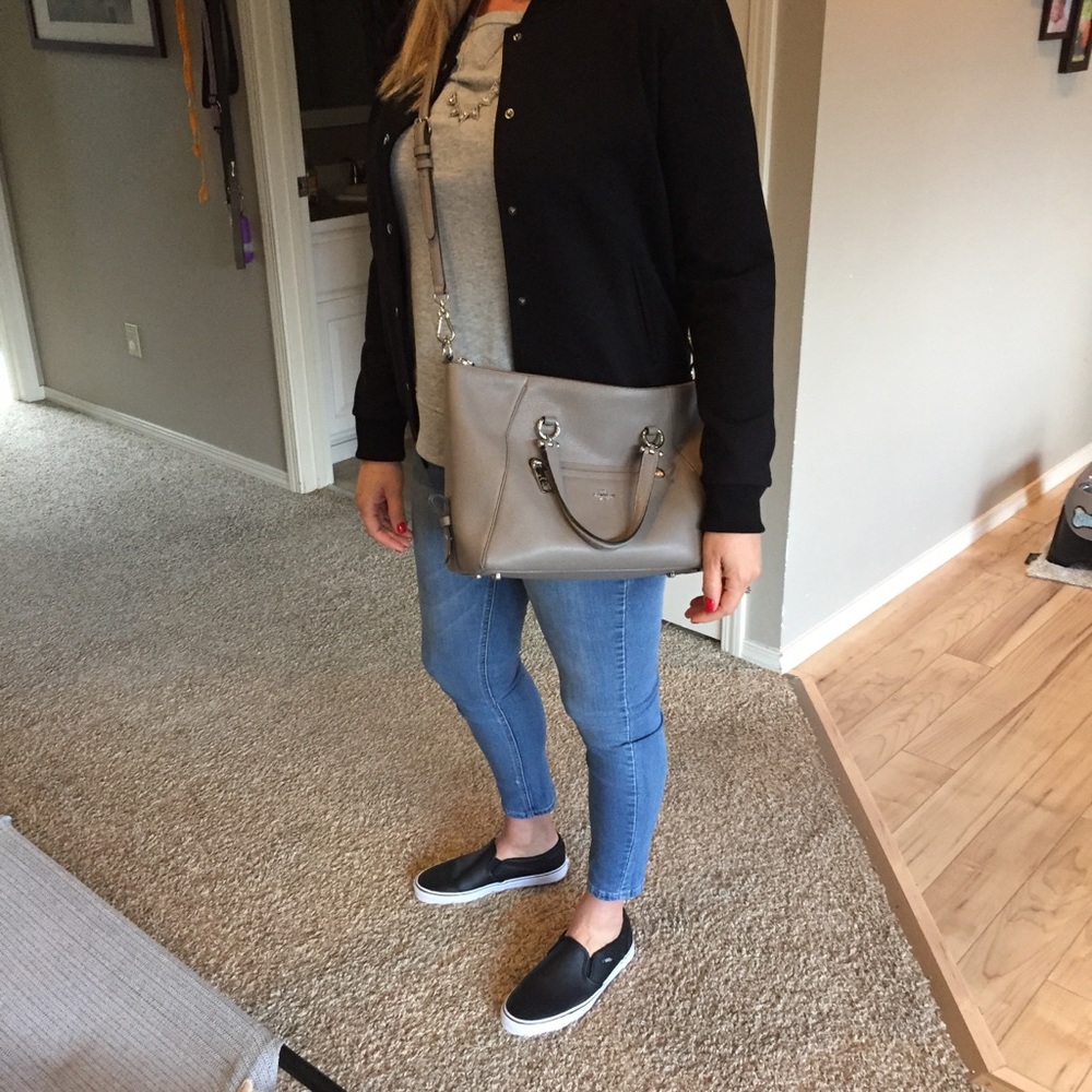 Coach Prairie Satchel, pebble leather, fog color.